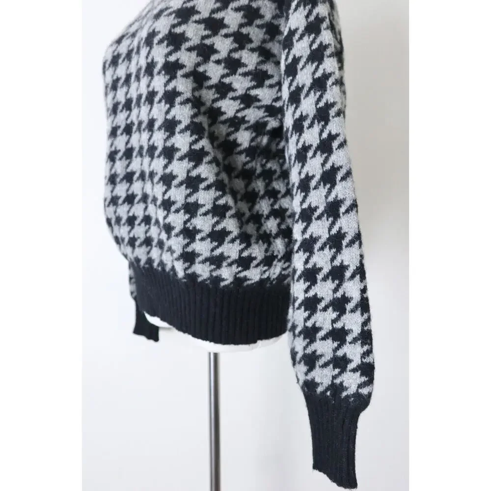Vintage 1980s CREW Shetland Wool Houndstooth Sweater Pullover Black Gray
